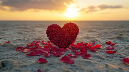 Fototapeta premium Elegant red heart made of rose petals on a deserted sandy beach at sunset