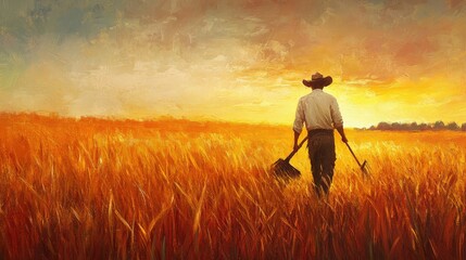 Farmer Walking Through Golden Wheat Field at Sunset