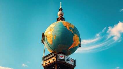 Globe atop a tower with vintage radio equipment