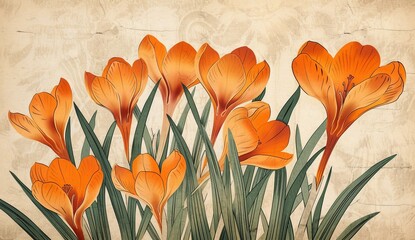Obraz premium Vibrant orange crocuses in full bloom, a stunning display of springtime beauty. The painting style evokes a sense of tranquility and natural elegance.
