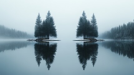 Twin clusters of pine trees stand on small islands, mirrored perfectly on the still, misty waters of a tranquil lake.