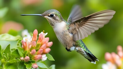 Fototapeta premium Hummingbird Hovering Near Blooming Flower in Natural Setting