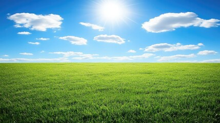 Obraz premium A low-angle view of lush green grass stretching toward a bright sunny sky, perfect for outdoor and nature themes.