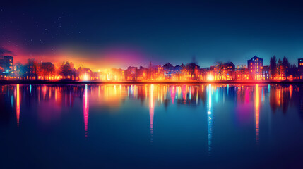 Naklejka premium Urban cityscape at night with colorful lights reflecting on the water, creating a beautiful and tranquil scene. Nightglow. Illustration