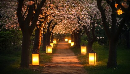 Fototapeta premium Enchanted Path Through a Blossoming Garden at Night