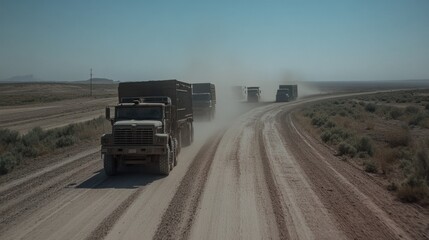 Fototapeta premium A fleet of trucks moves steadily down a dusty road through an open desert landscape, under a broad, clear sky stretching towards the unknown.