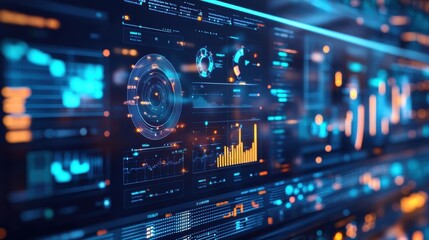 Futuristic control panel featuring dynamic manufacturing data analysis, performance indicators, and key metrics, delivering real time insights into production processes