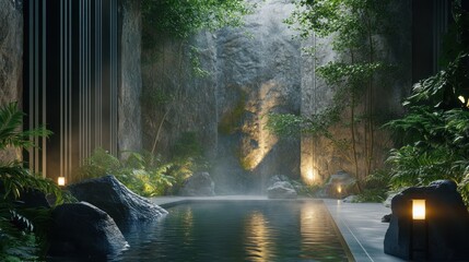 Fototapeta premium Serene indoor hot spring pool nestled within a lush, rock-walled sanctuary, illuminated by soft lighting.