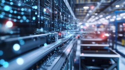 Obraz premium Digital information flows through network cables, connecting servers and transferring data within a modern data center, symbolizing the power of cloud computing in the digital age