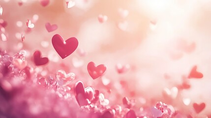 Obraz premium A romantic Valentine scene with layers of hearts softly blending into a dreamy pastel background, perfect for love-themed designs.