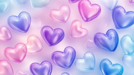 Obraz premium A romantic Valentine's Day background featuring vibrant heart shapes in various sizes, scattered elegantly across a soft pastel gradient.