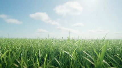 A scenic view of fresh grass stretching endlessly into the horizon, under a sunny and cloudless sky.