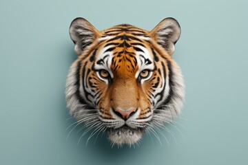 there is a tiger head on a wall with a blue background