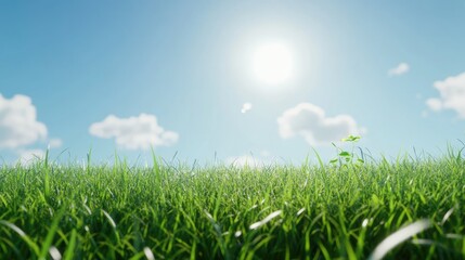 A sweeping view of fresh grass leading up to a horizon filled with the sun and clear blue sky, ideal for natural themes.