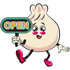 Cute dumpling vektor illustration mascot character showing a sign that says open, Xiao Long Bao, Asian, Chinese food, work of hand drawn