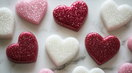 Obraz premium A vibrant assortment of white, red, and pink sugar hearts scattered on a marble countertop, with a close-up on their glittery texture.