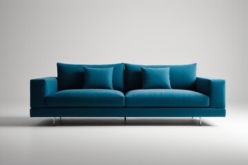 a close up of a blue couch with pillows on it
