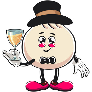 recommend clip art: Cute dumpling vektor illustration mascot character wearing a hat and bow tie raising a wine glass, Xiao Long Bao, Asian, Chinese food, work of hand drawn