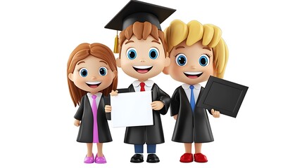 Cartoon kids in graduation gowns holding diplomas at ceremony