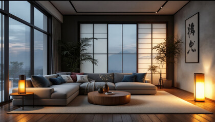 Modern japandi living room with large windows, a sectional sofa, and a wooden coffee table.