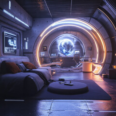 Obraz premium Futuristic Lunar Bedroom Interior Design Featuring A Large Moon
