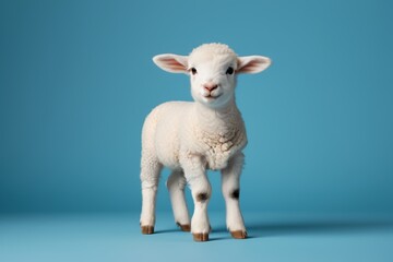 Fototapeta premium there is a small white sheep standing on a blue surface