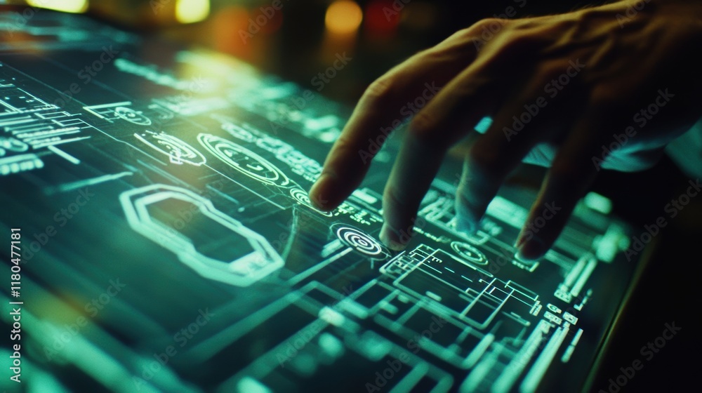 Poster hand interacting with a glowing touchscreen interface, navigating intricate schematics and technical