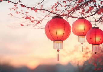 Obraz premium Chinese New Year background with red lanterns hanging in the air, blurred background, stock photo, Chinese traditional festival concept, wide-angle view.