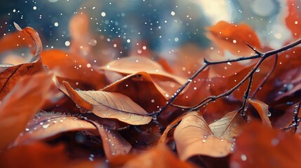 Autumn Leaves with Raindrops in Warm Orange and Brown Tones