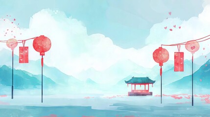Serene Watercolor Art of a Tranquil Lakeside with Lanterns and Pagoda Celebrating Asian Culture and Tranquility