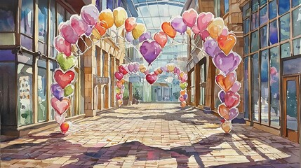 Colorful Heart Balloons Arch in a Sunlit Shopping Alley Watercolor Art Illustration Concept of Festive Decor, Romantic Celebrations, Urban Street Scene, and Vibrant Atmosphere