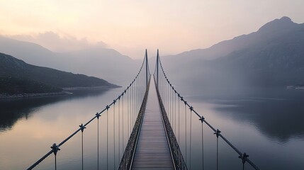 Obraz premium Serene Suspension Bridge over Misty Lake and Mountains