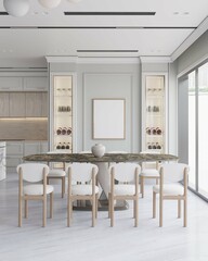 a poster mockup on the wall in modern classic dining room interior background. 3d illustration