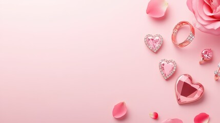 Fototapeta premium Pink Rose Petals and Sparkling Heart Decorations on a Soft Pink Background: Valentine's Day or Wedding Design