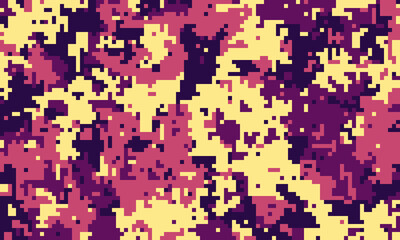 Abstract pixel art camo pattern in purple, pink, and yellow. Ideal for fashion, gaming, or tech backgrounds.  High-resolution digital texture offers versatile design applications.