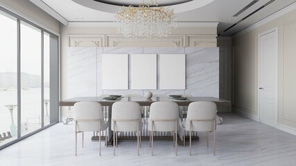 three poster mockup on the wall in modern contemporary dining room interior background. 3d illustration