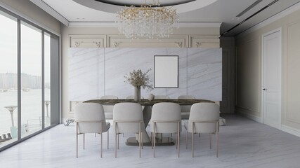 a poster mockup on the wall in modern contemporary dining room interior background. 3d illustration