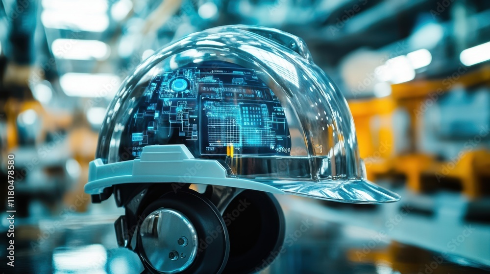 Poster futuristic transparent hardhat with integrated holographic display showing data and information in a