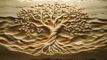 Carved stone tree art, textured background, wall decor