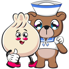 Cute dumpling vektor illustration mascot character with sailor bear dolls, Xiao Long Bao, Asian, Chinese food, work of hand drawn