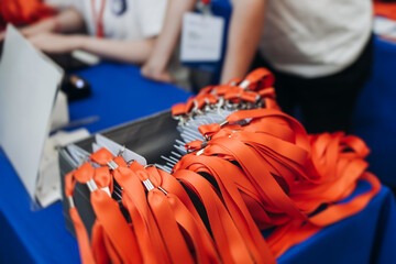 Process of checking in on conference congress forum event, registration desk table, visitors and...