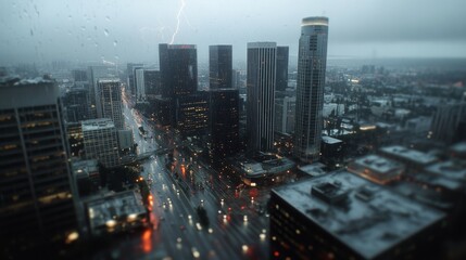 A city skyline is drenched in rain as a bolt of lightning cuts through the dark clouds, casting an electrifying aura over the urban landscape.