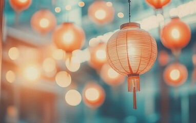 Chinese New Year, red lanterns hanging in the streets of China, warm colors, festive atmosphere,...