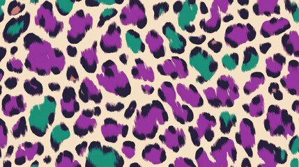 A modern leopard-print-inspired pattern with bold March tones: emerald green, bright lavender, and sandy beige. The design combines crisp