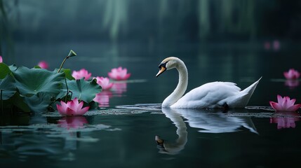 Serene swan floats lotus pond, misty background, nature scene