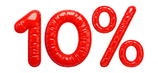 10% Sale banner with red balloons. Bright, glossy red inflatable balloon numbers and a percentage sign isolated on a transparent background. 