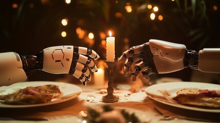 Valentine's Day celebration with robot and human hands holding over a candlelight dinner
