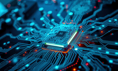 glowing AI chip on circuit board, showcasing intricate pathways and connections, represents advanced technology and innovation in artificial intelligence