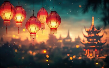 Chinese New Year, red lanterns hanging in the streets of the old town at night, blurred background,...