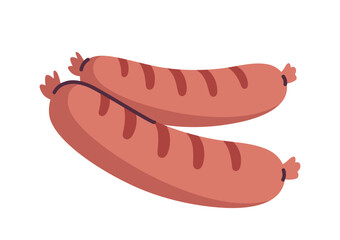 Two grilled sausages with grill marks, depicted in a flat vector style on a white background. Represents food, cooking, barbecue, and culinary concepts. Vector illustration.